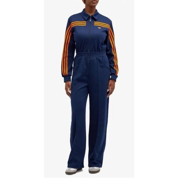 Adidas Originals RETRO Navy Blue Orange Striped Midweight Long Sleeve Jumpsuit - Picture 3 of 9